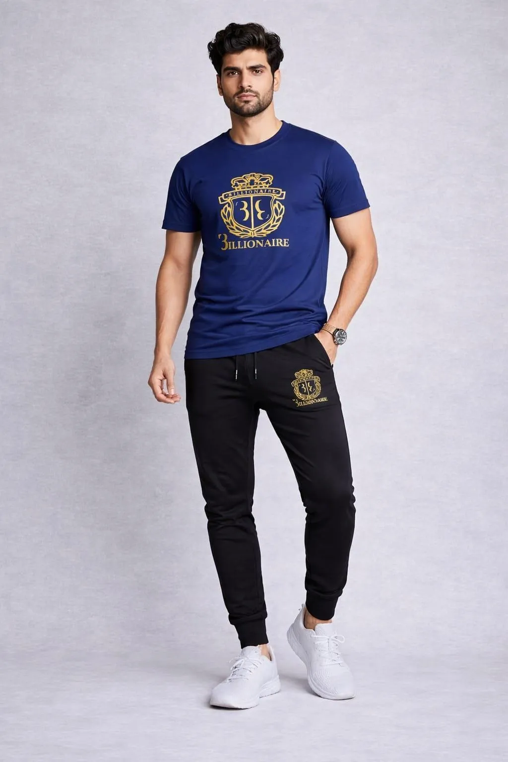 Men Navy Blue Gold Crest Track Suit 2Pcs Slim Fit