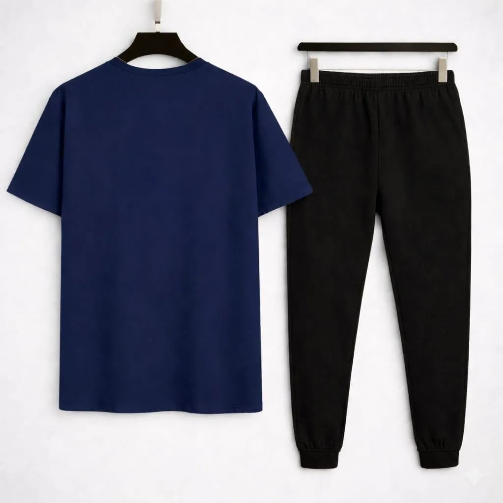 Men Navy Blue Gold Crest Track Suit 2Pcs Slim Fit