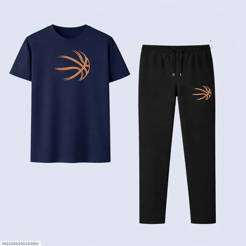 Men Basketball Graphic T-Shirt & Jogger Set Navy Blue Black Cotton Round Neck