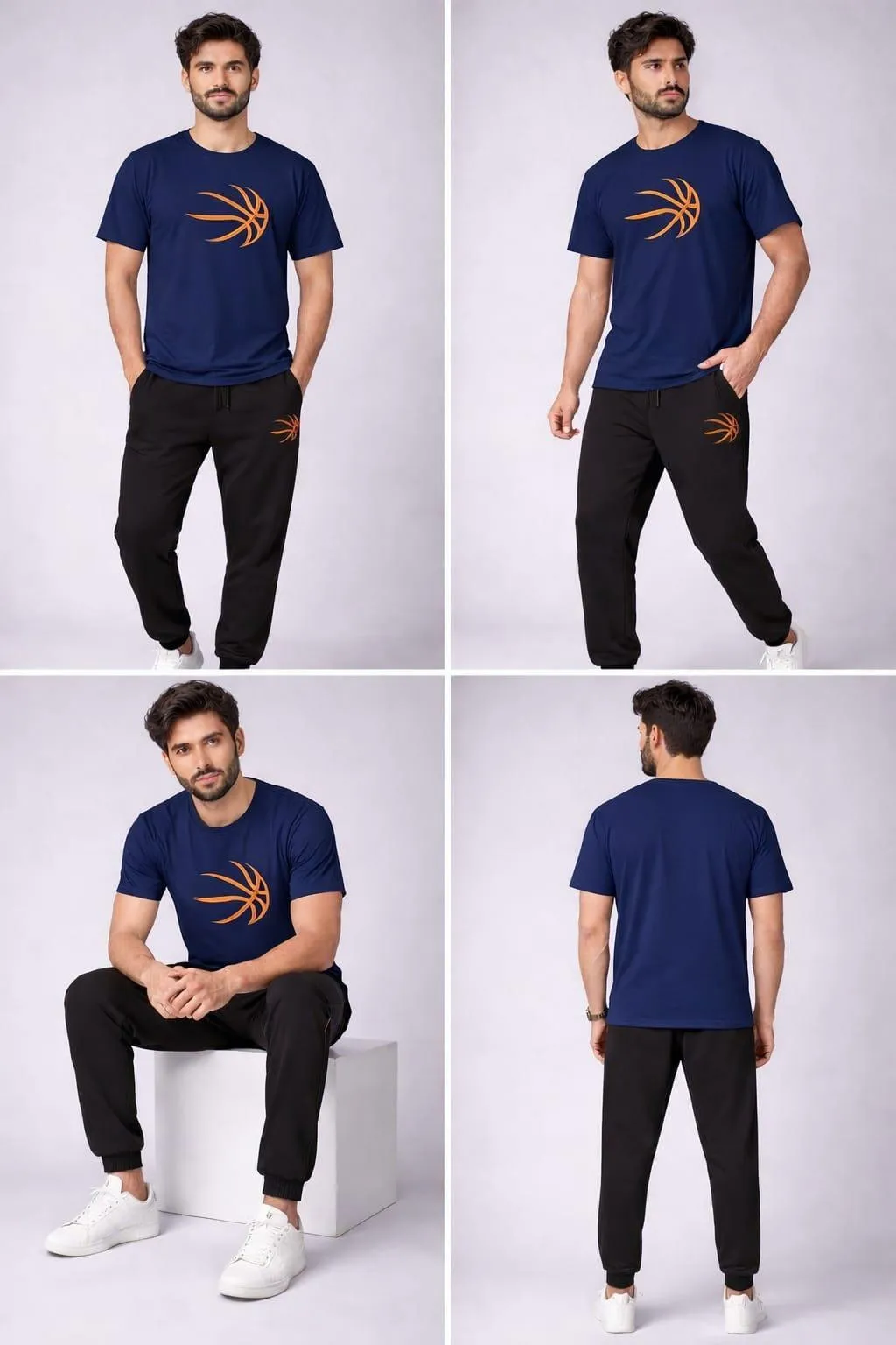 Men Basketball Graphic T-Shirt & Jogger Set Navy Blue Black Cotton Round Neck