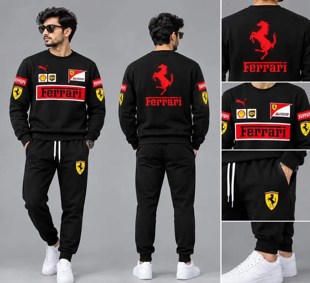 Men’s Black Ferrari Printed Tracksuit Set – Full Sleeve