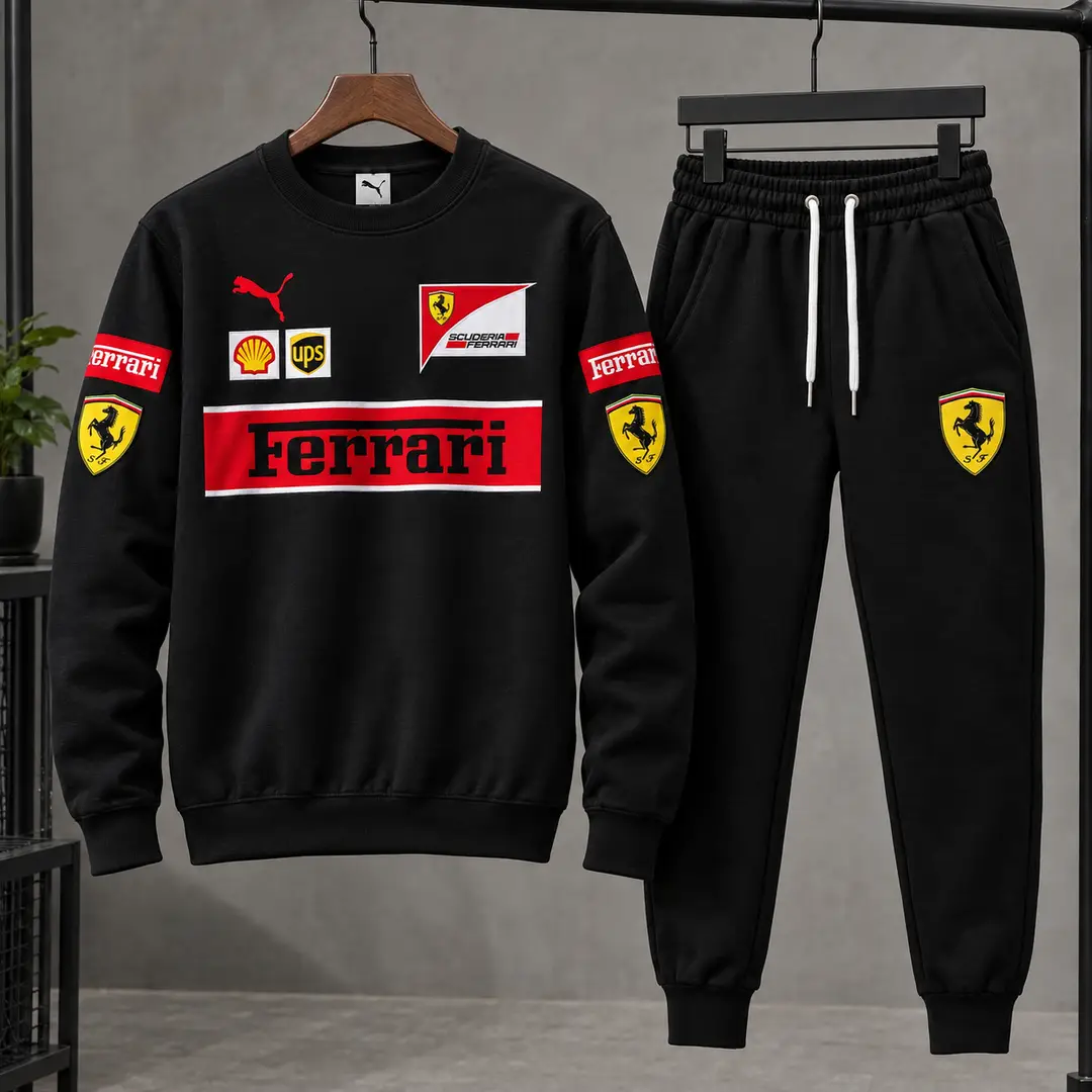 Men’s Black Ferrari Printed Tracksuit Set – Full Sleeve