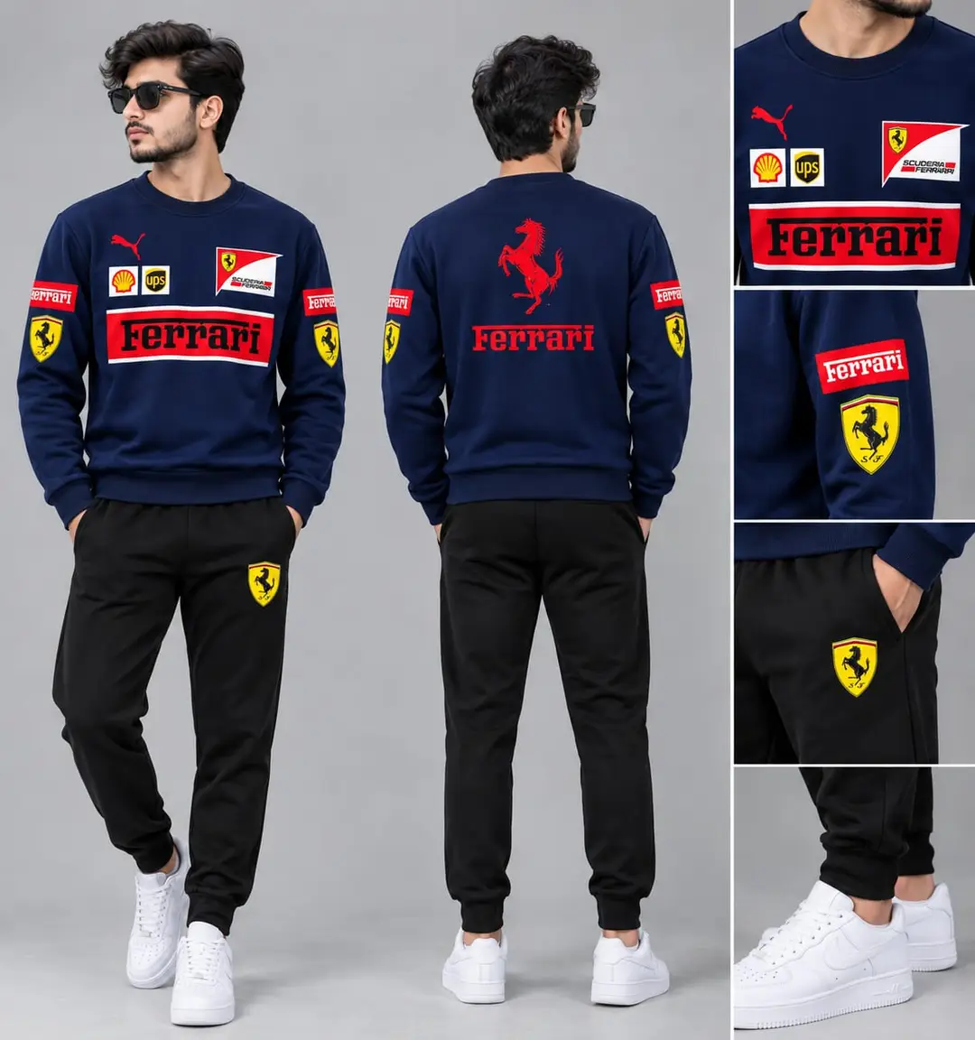Ferrari Printed 2 Piece Tracksuit Set – Navy Blue & Black