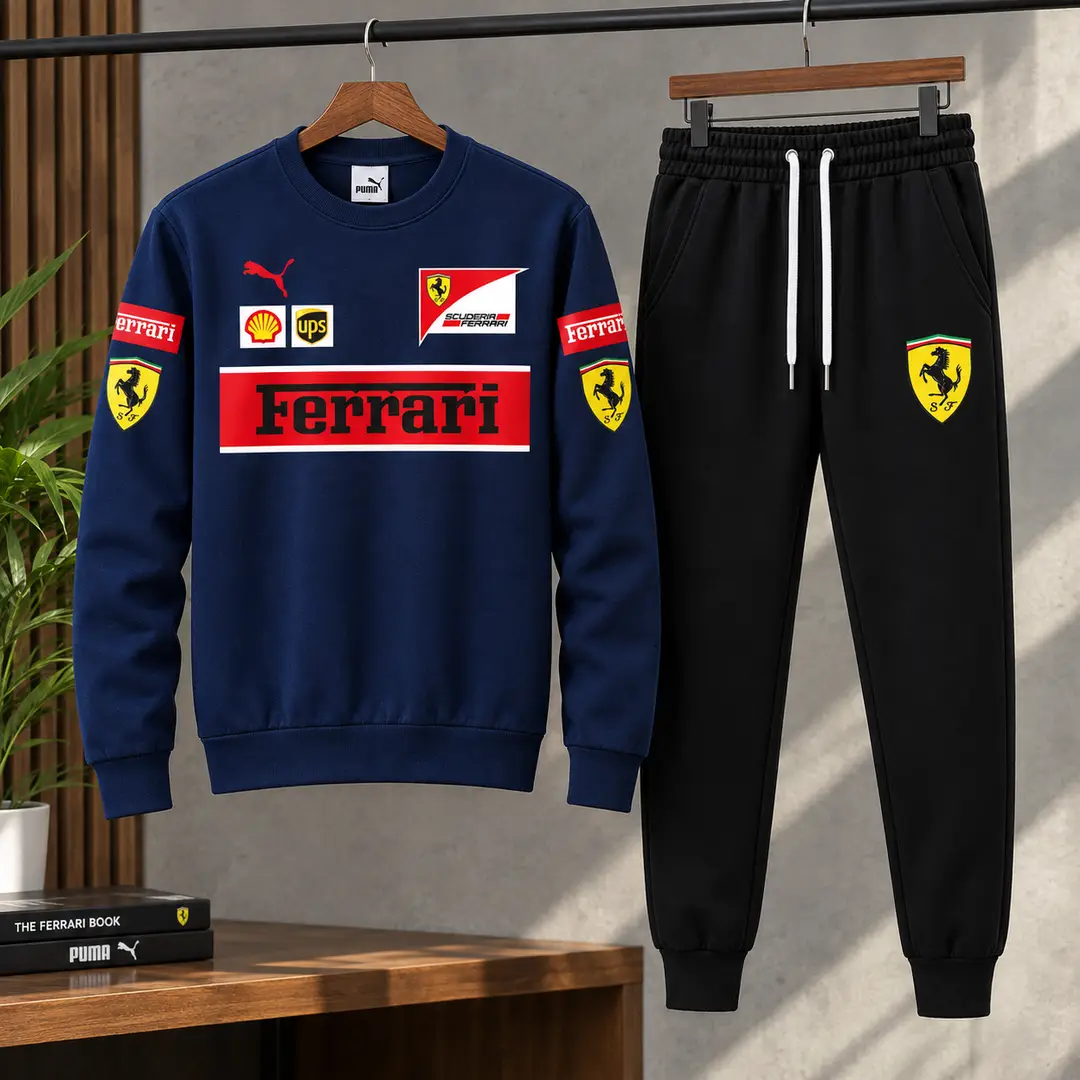 Ferrari Printed 2 Piece Tracksuit Set – Navy Blue & Black