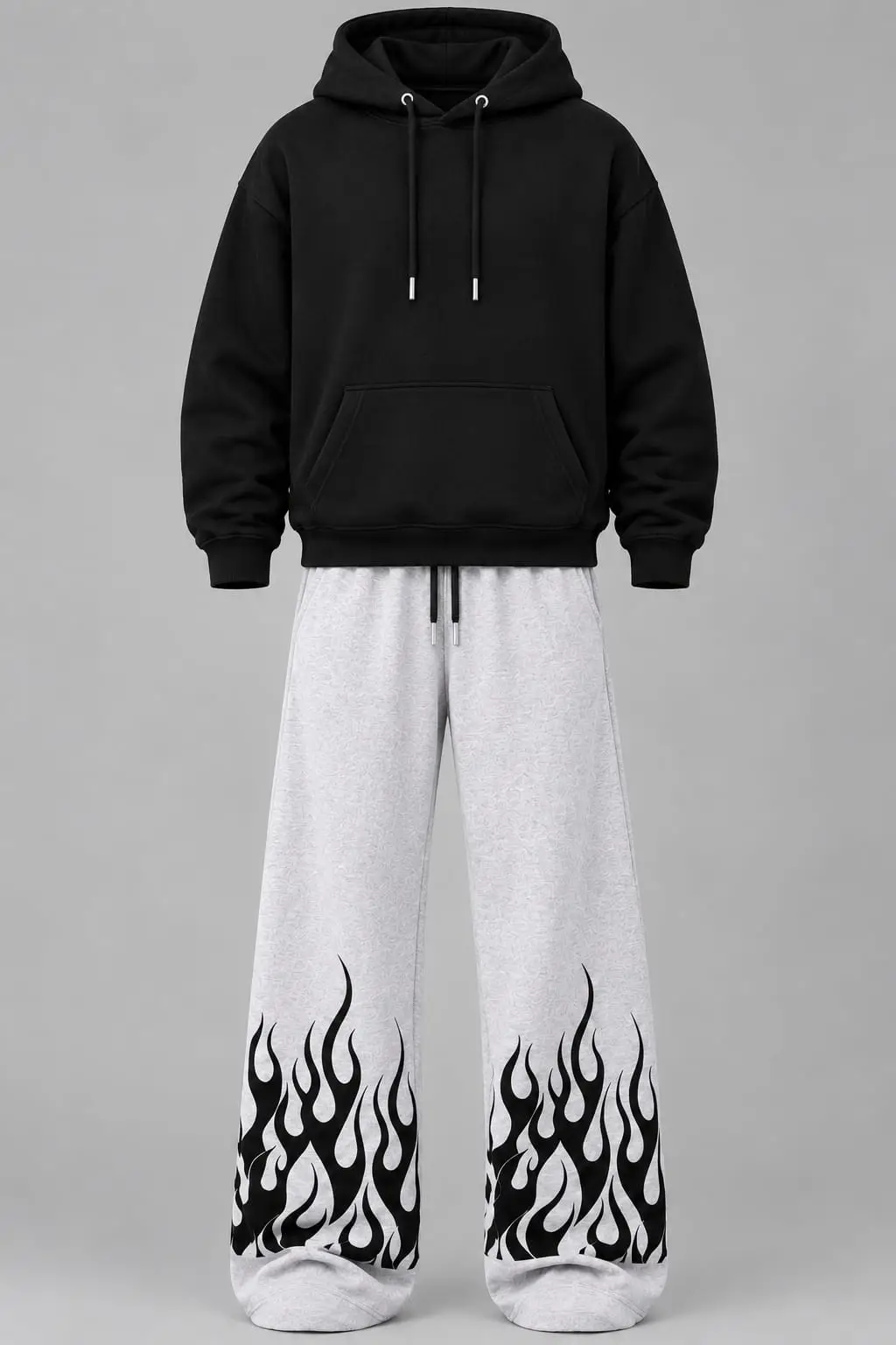 Black Hoodie & Grey Flame Print Wide-Leg Trouser Set