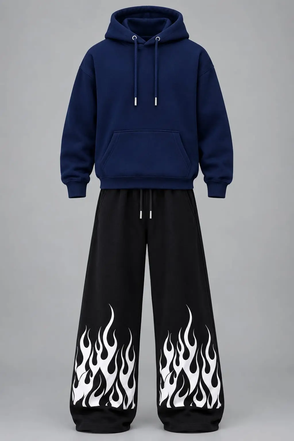 Blue Hoodie & Black Flame Print Wide-Leg Trouser Set