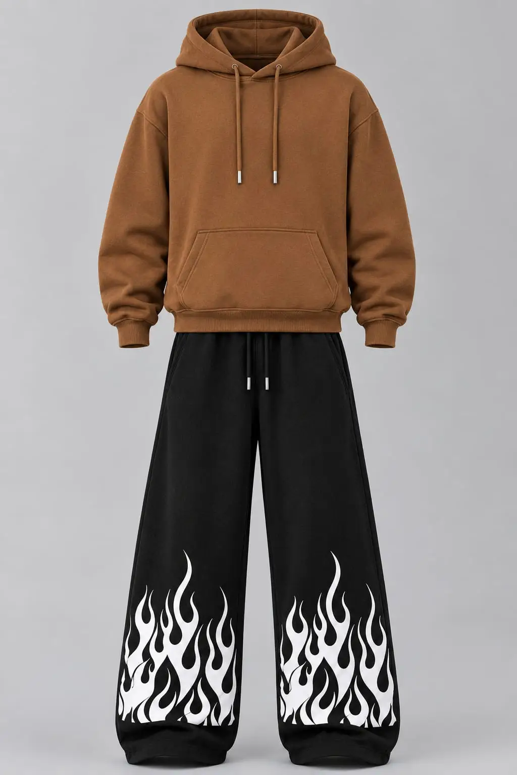 Brown Hoodie & Black Flame Print Wide-Leg Trouser Set