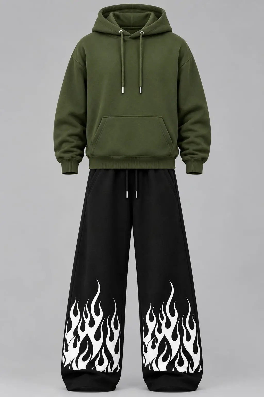 Green Hoodie & Black Flame Print Wide-Leg Trouser Set