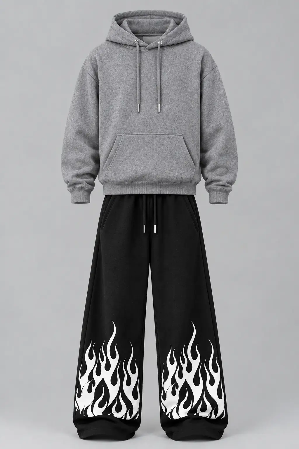 Grey Hoodie & Black Flame Print Wide-Leg Trouser Set