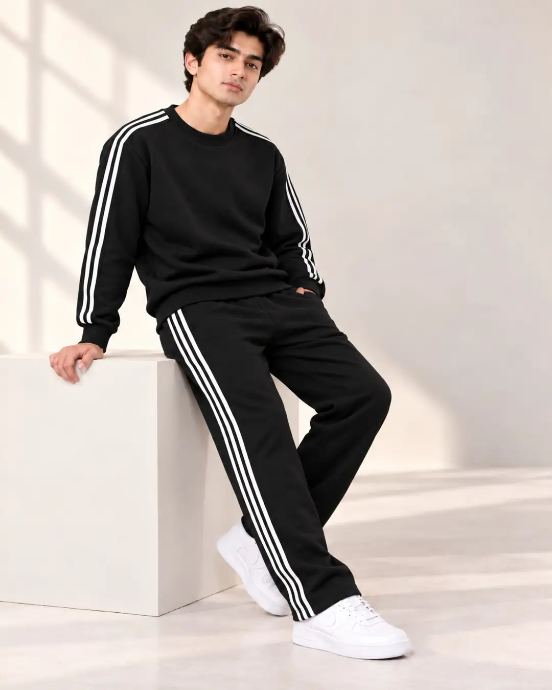 Men’s Black Striped Sweatshirt & Trouser Tracksuit Set