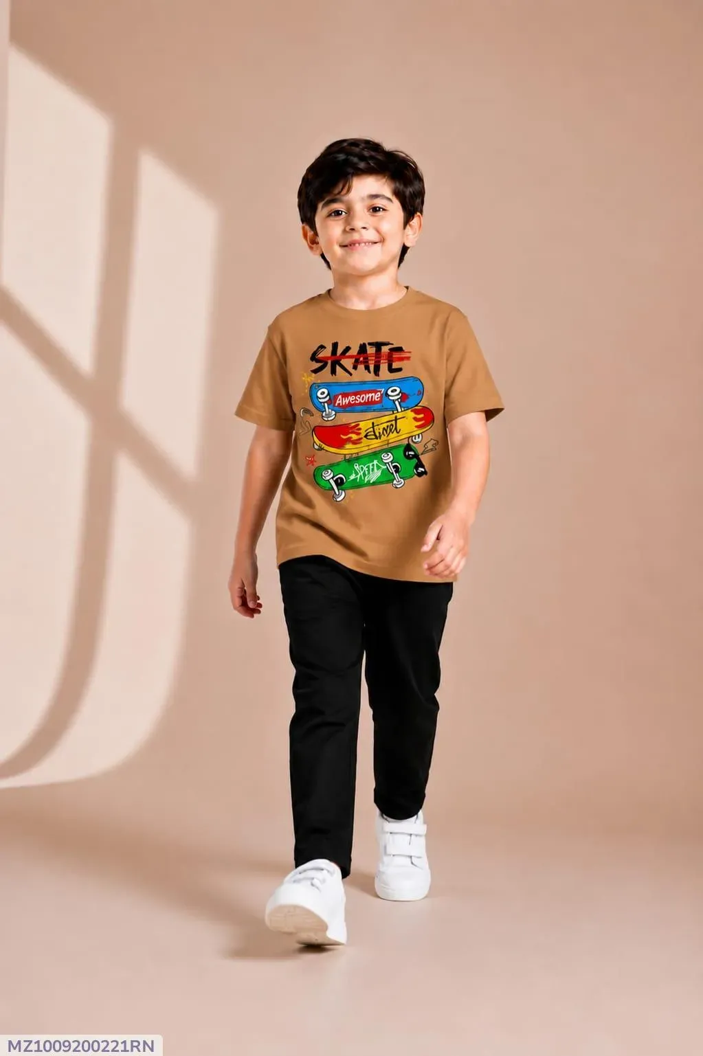 Kids Printed Track Suit Brown T-Shirt + Black Trousers