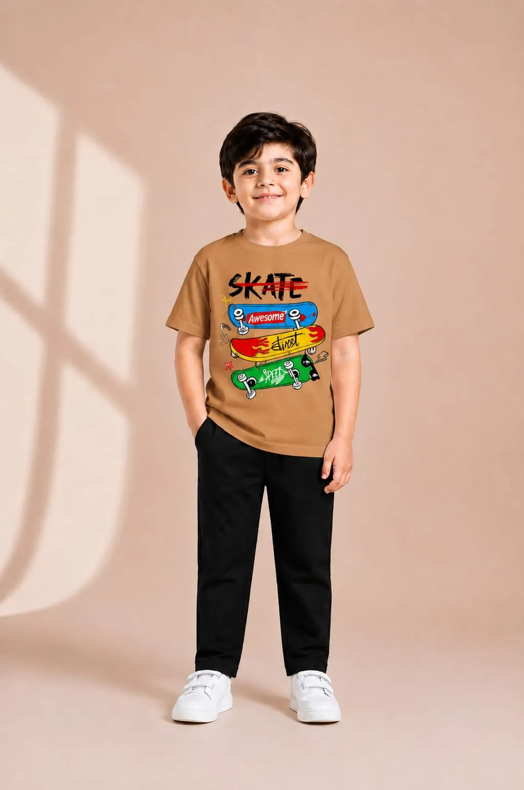 Kids Printed Track Suit Brown T-Shirt + Black Trousers