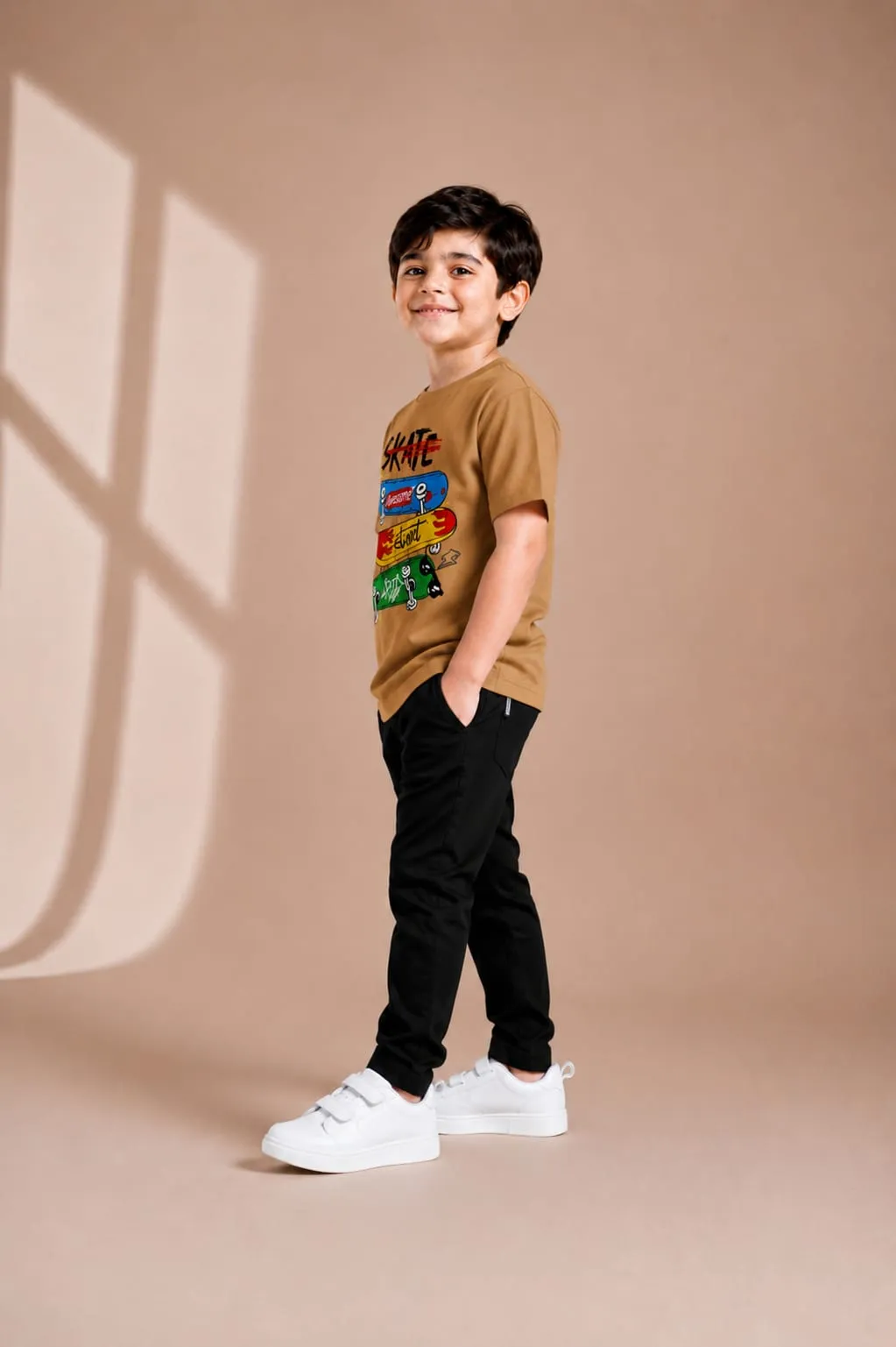 Kids Printed Track Suit Brown T-Shirt + Black Trousers