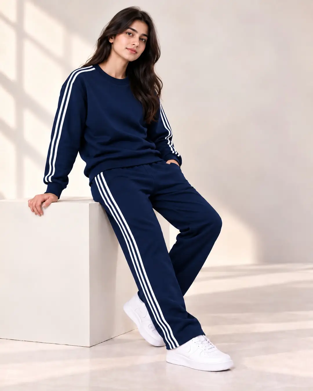 2 Pcs Women's Stitched Fleece Plain Sweatshirt Tracksuit