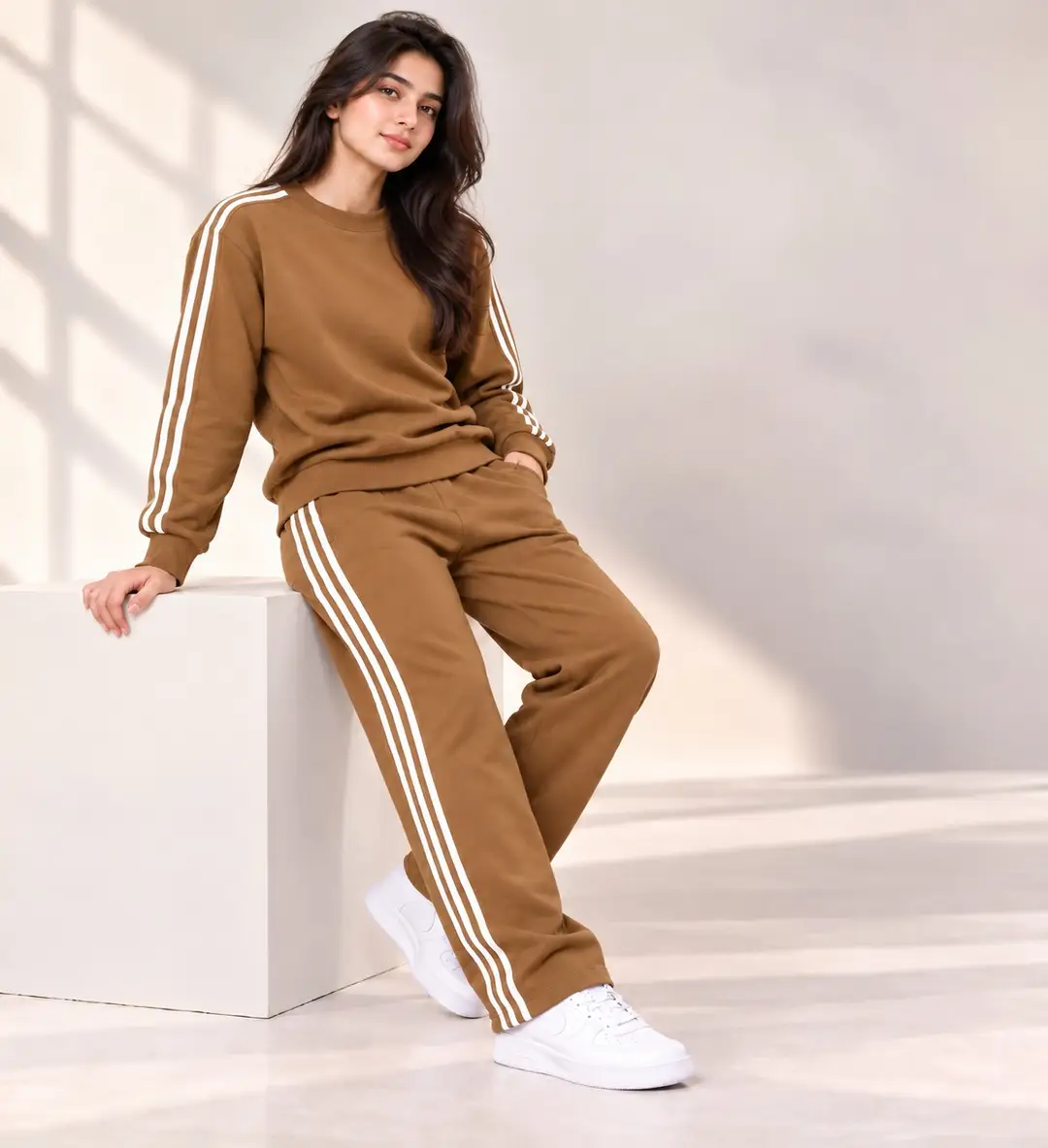2 Pcs Women's Stitched Fleece Plain Sweatshirt Tracksuit