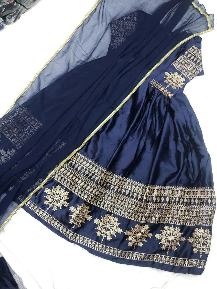 3 Pcs Women's Stitched Shamoz Silk Embroidered Maxi - Navy Blue