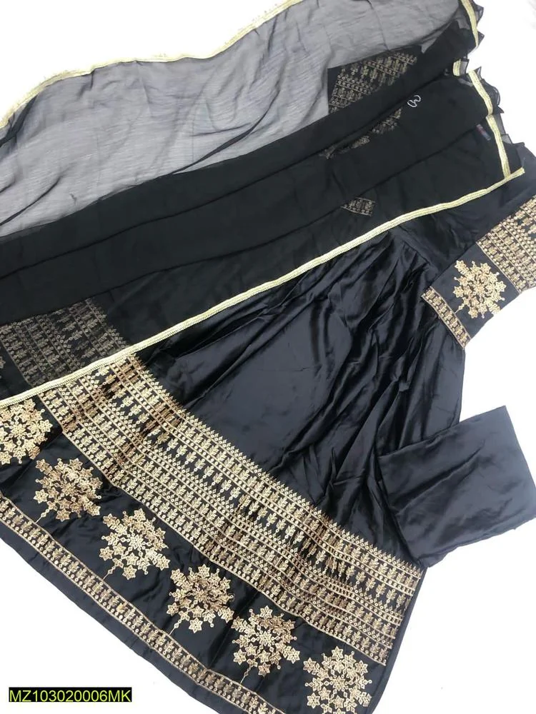 3 Pcs Women's Stitched Shamoz Silk Embroidered Maxi - Black