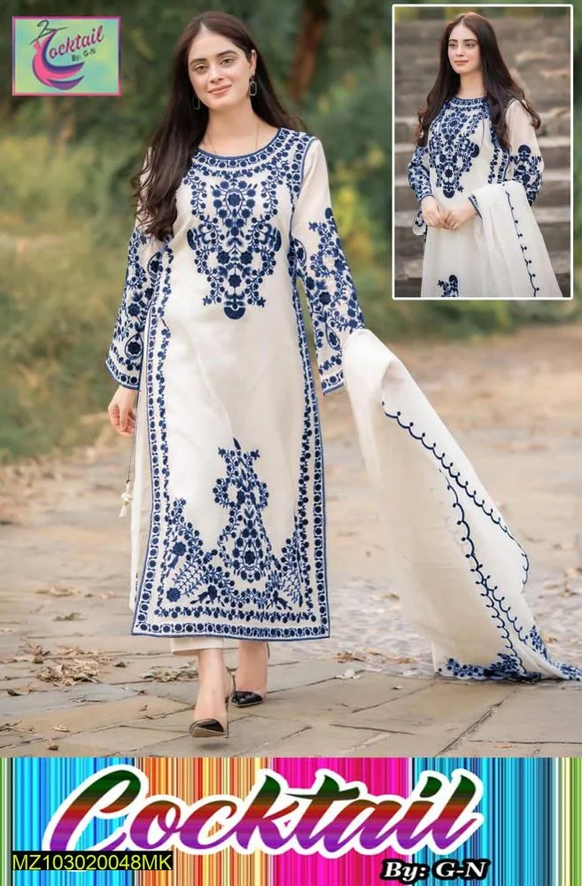 3 Pcs Women's Stitched Organza Embroidered Suit