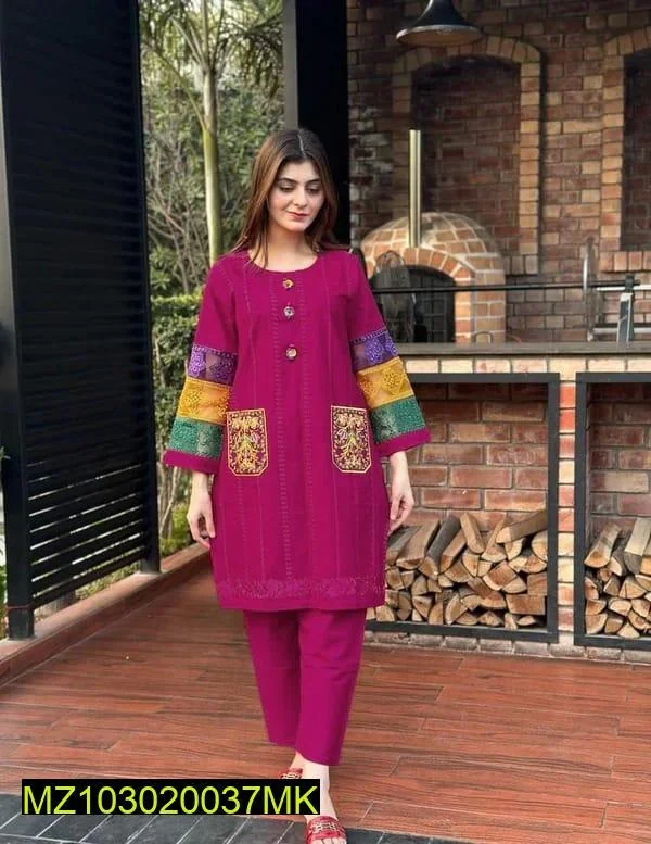 2 Pcs Women's Stitched Cotton Net Embroidered Shirt And Trouser