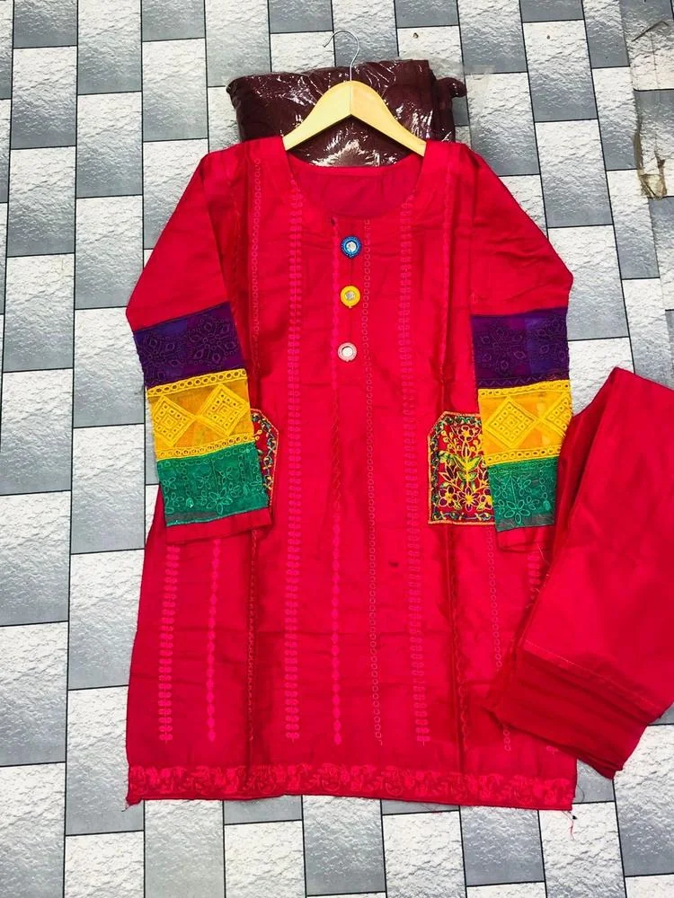 2 Pcs Women's Stitched Cotton Net Embroidered Shirt And Trouser