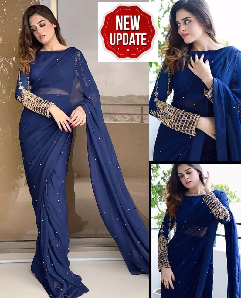 3 Pcs Women’s Stitched Chiffon Sequins Embroidered Saree