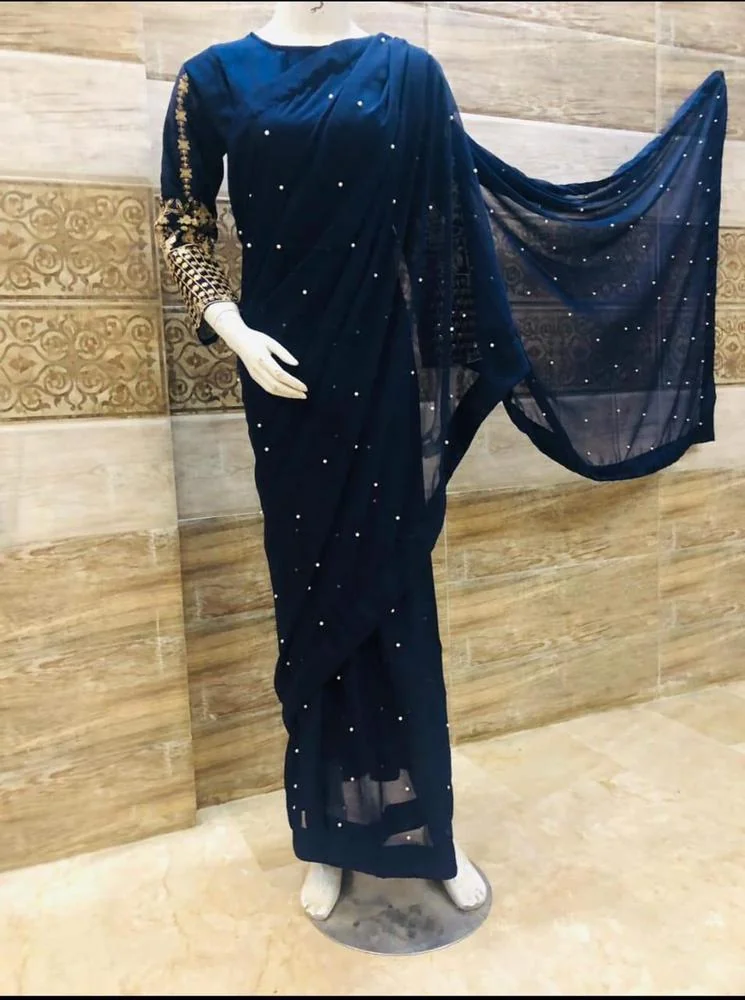 3 Pcs Women’s Stitched Chiffon Sequins Embroidered Saree