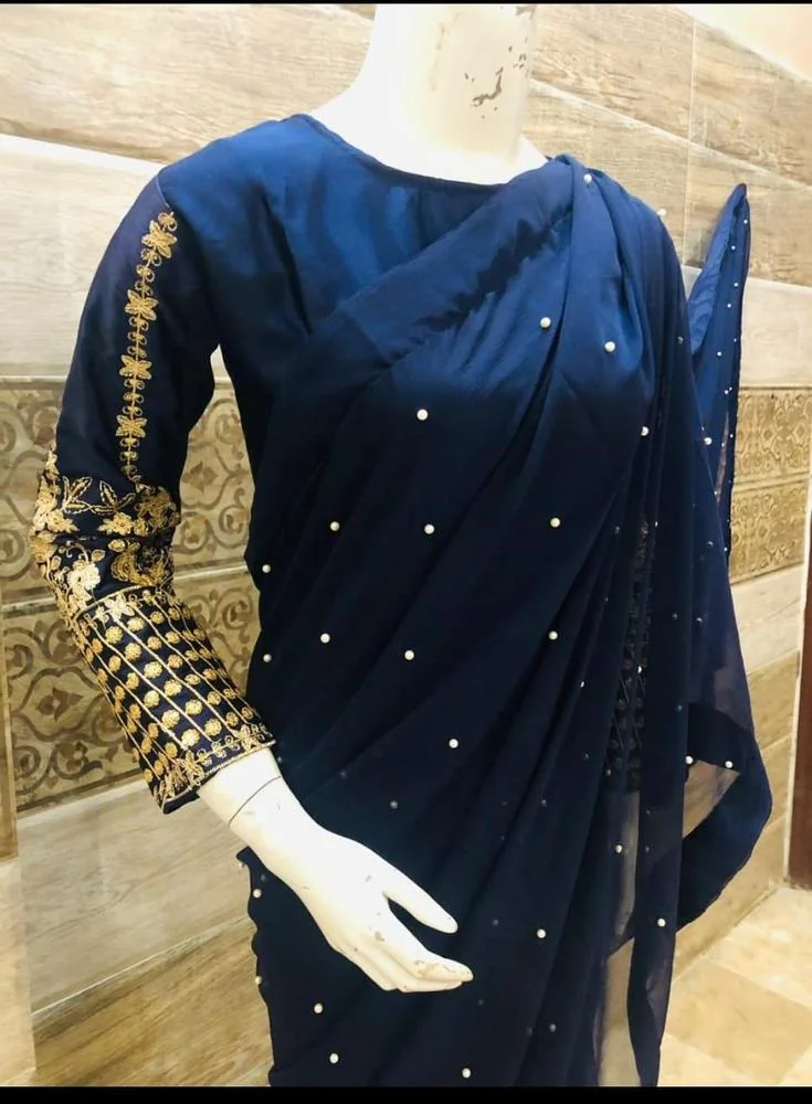 3 Pcs Women’s Stitched Chiffon Sequins Embroidered Saree