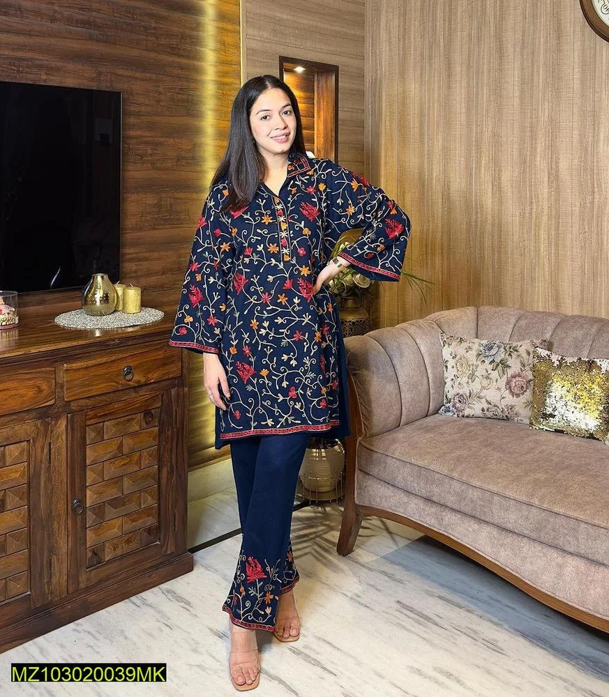 2 Pcs Women’s Stitched Katan Silk Embroidered Suit