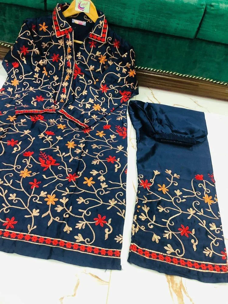 2 Pcs Women’s Stitched Katan Silk Embroidered Suit
