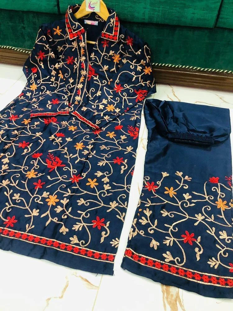 2 Pcs Women’s Stitched Katan Silk Embroidered Suit