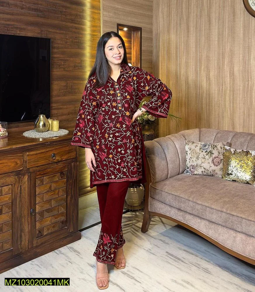 2 Pcs Women’s Stitched Katan Silk Embroidered Suit