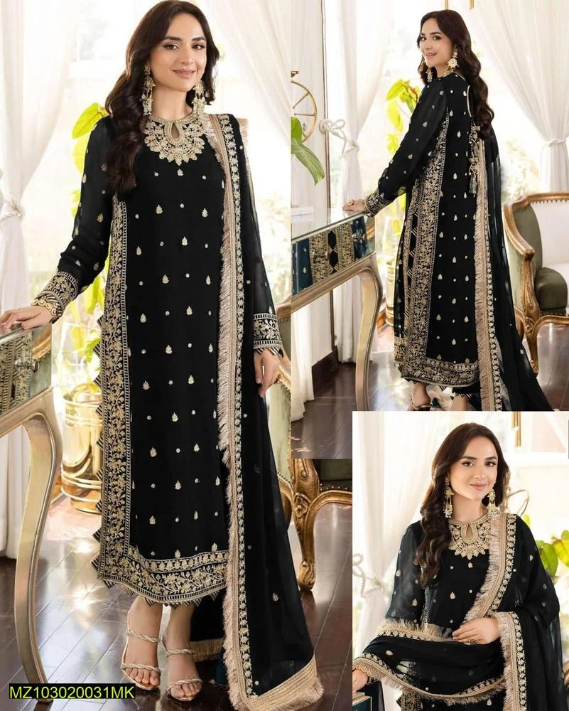 3 Pcs Women’s Stitched Crinkle Chiffon Embroidered Suit