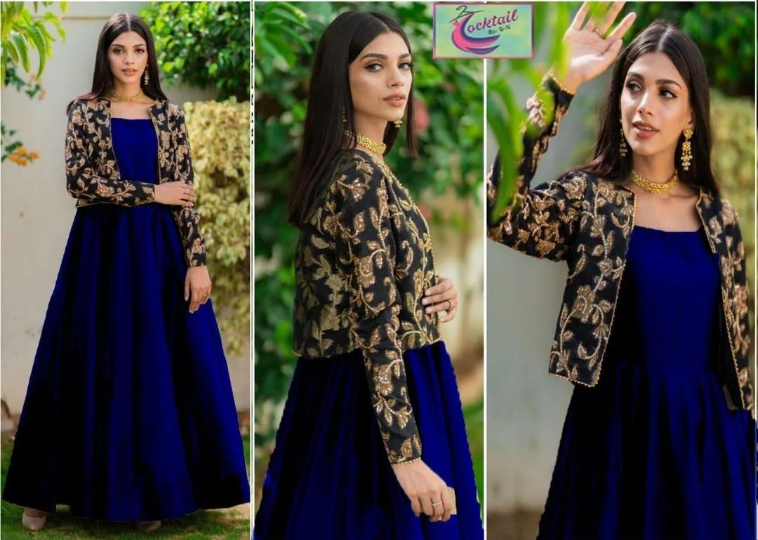Stylish Blue Shalmose Silk Maxi and Jacket Set - 2 Pcs for Women