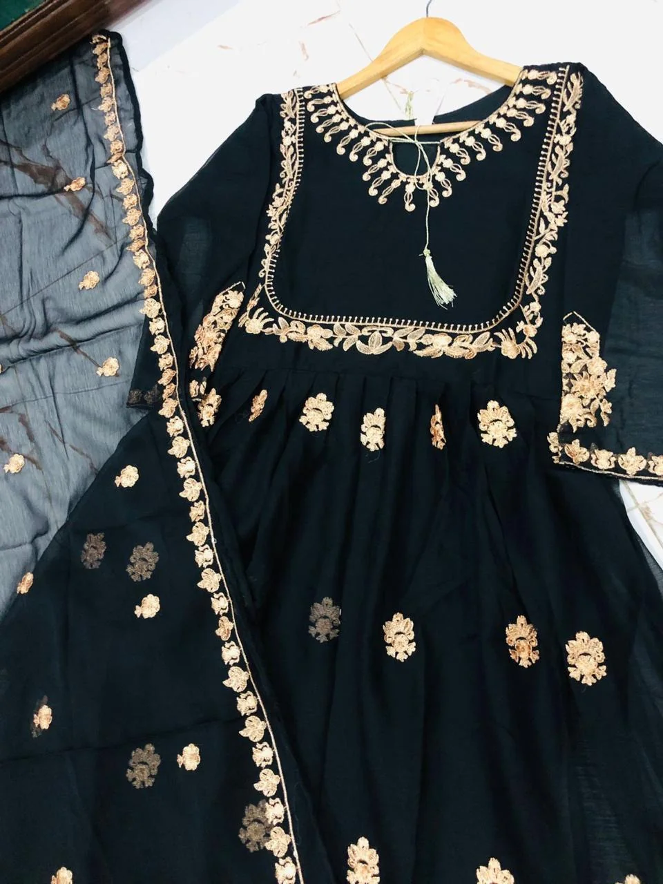 Chic 3 Pcs Women's Stitched Maxi Suit in Black Chiffon with Embroidered Design