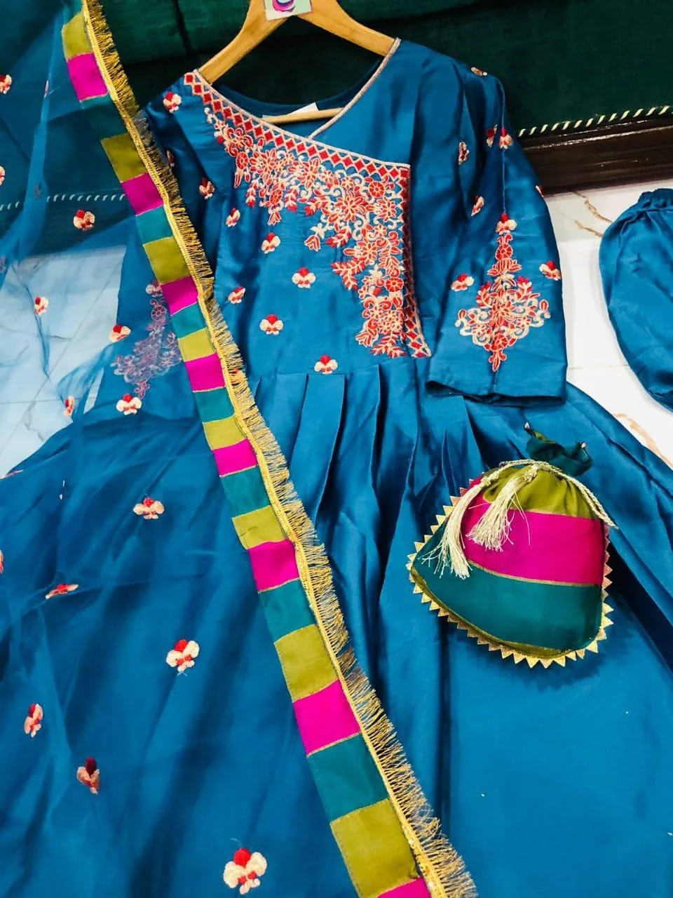 4 Pcs Women's Stitched Maxi Suit Set in Embroidered Shamoz Silk - Blue