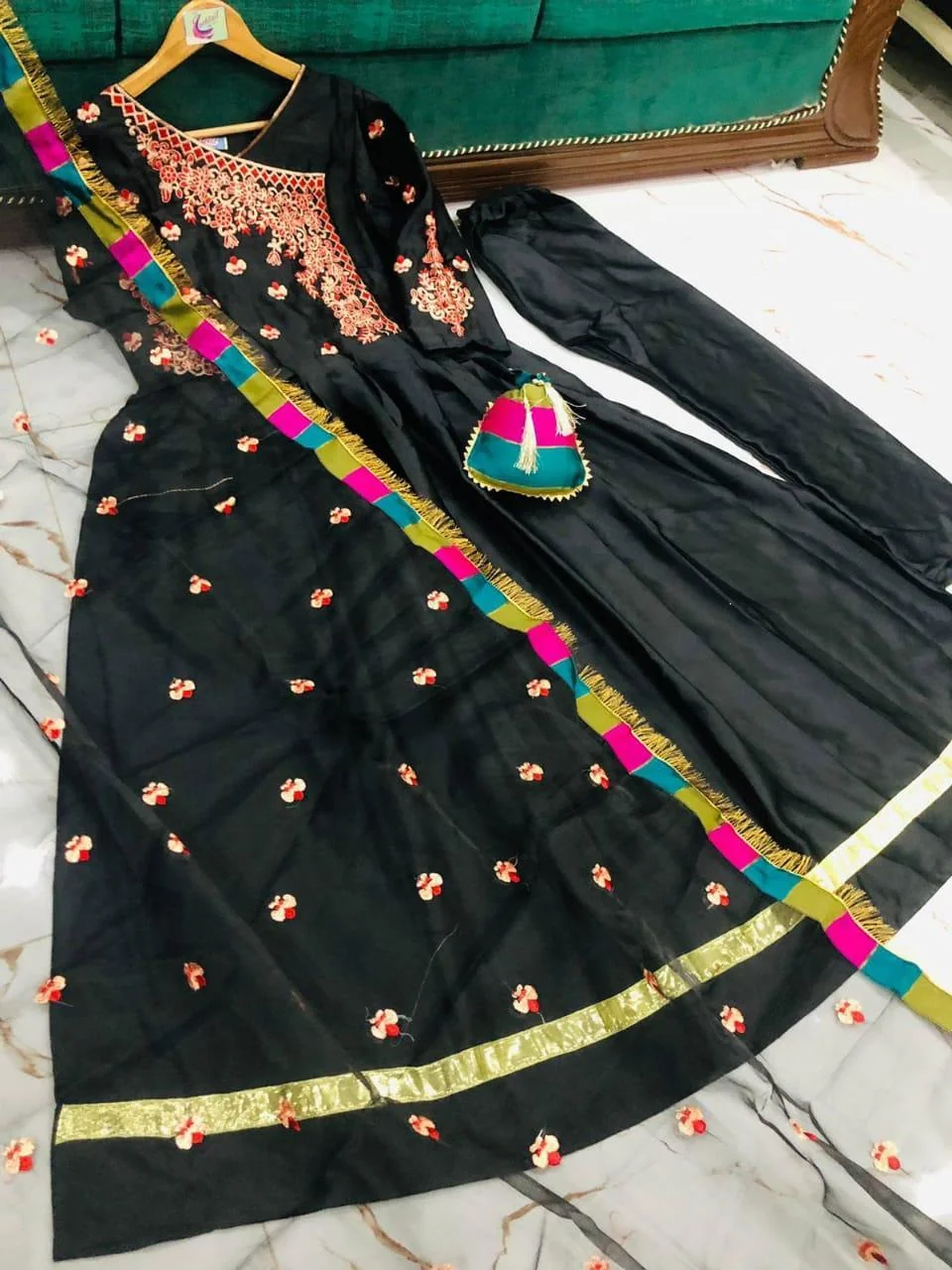 Stunning 4 Pcs Women's Stitched Maxi Suit in Embroidered Shamoz Silk - Black
