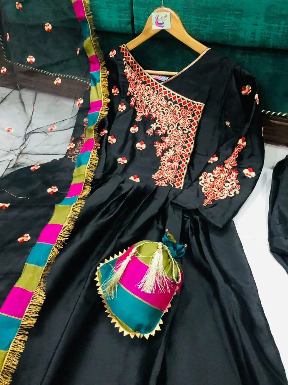 Stunning 4 Pcs Women's Stitched Maxi Suit in Embroidered Shamoz Silk - Black