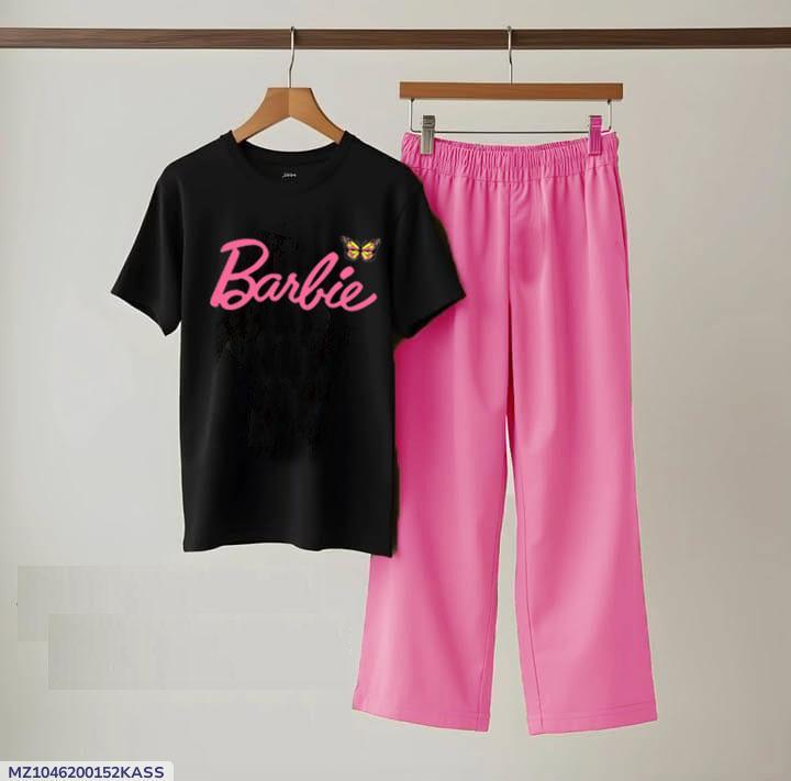Black Printed Night Suit with Barbie Design Cotton Jersey