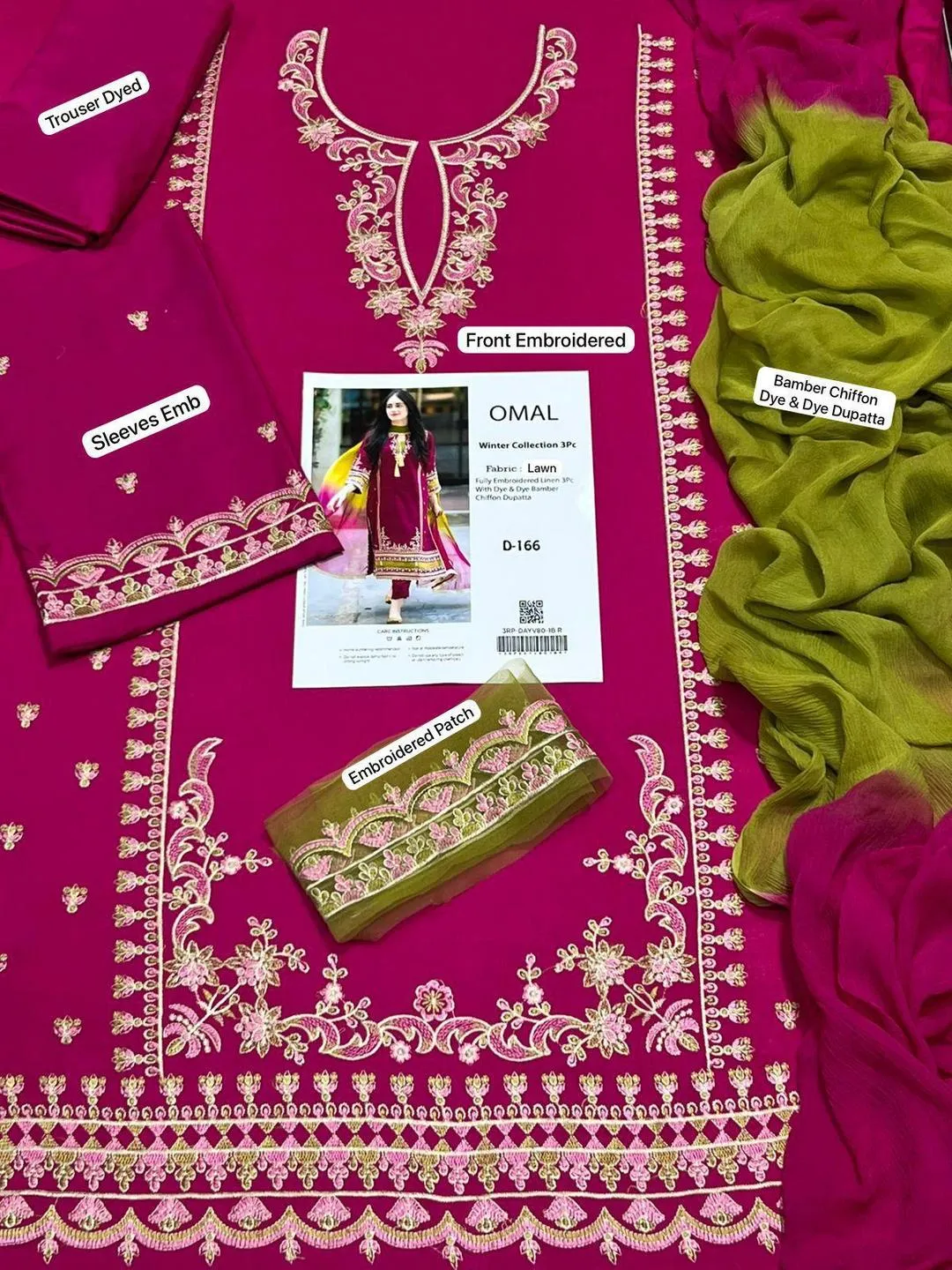 Pink Embroidered Lawn 3Pcs Women Suit with Dupatta