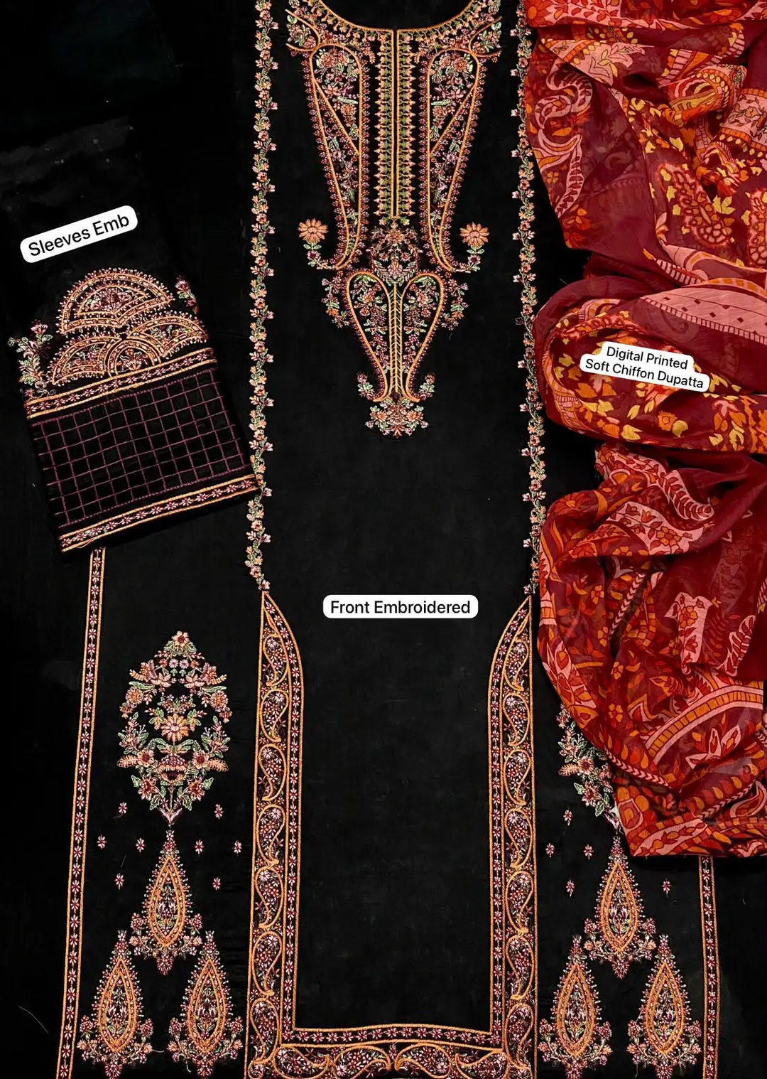 3 Pcs Women's Unstitched Embroidered Suit