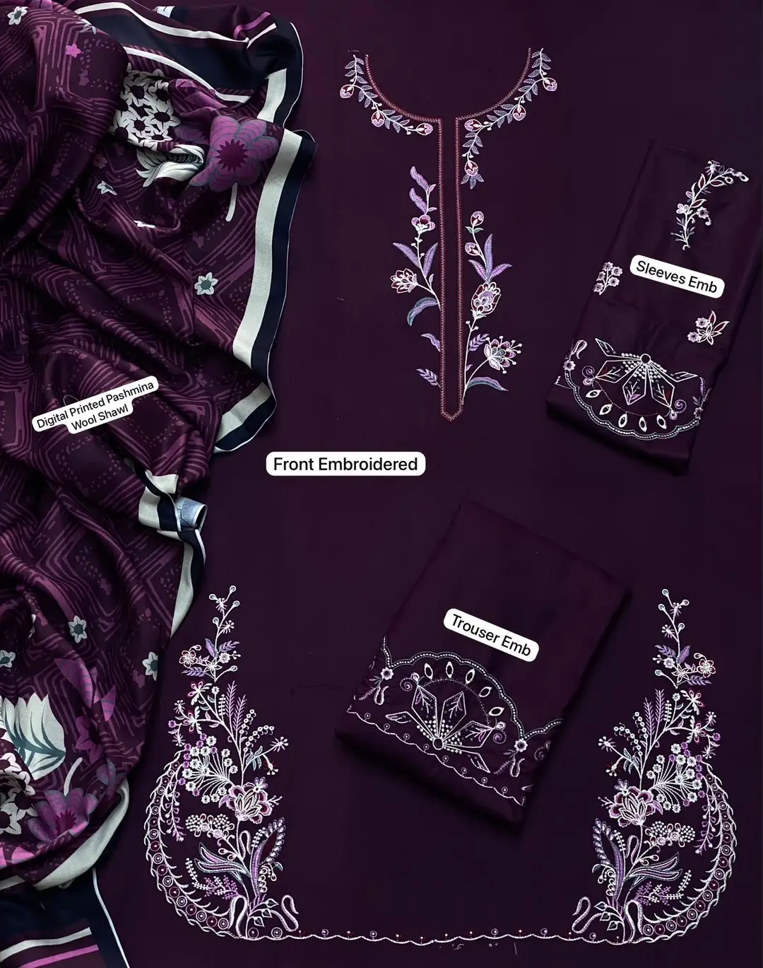 3 Pcs Women's Unstitched Embroidered Suit