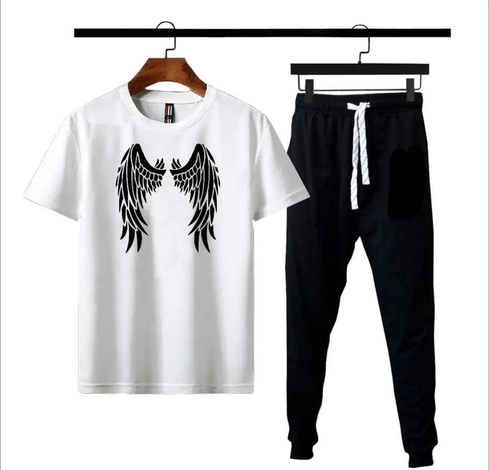 Men White Angel Wings Printed T-Shirt Set Medium to XL