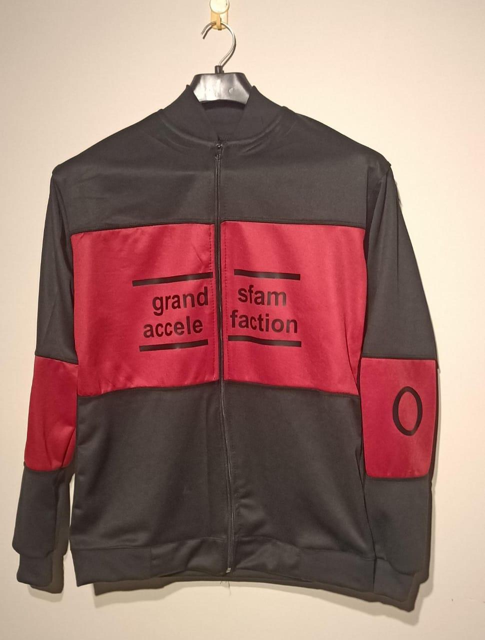 Men Fleece Printed Zipper Jacket Wine Red Medium to XL