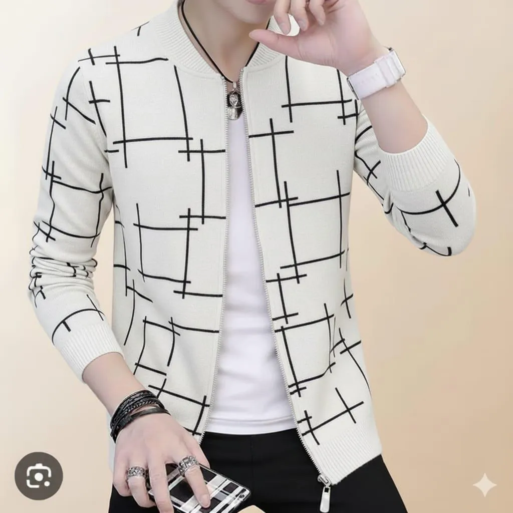 Men Fleece Jacket White Graphic Sublimation Slim Fit