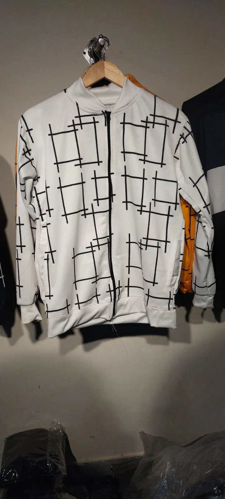 Men Fleece Jacket White Graphic Sublimation Slim Fit