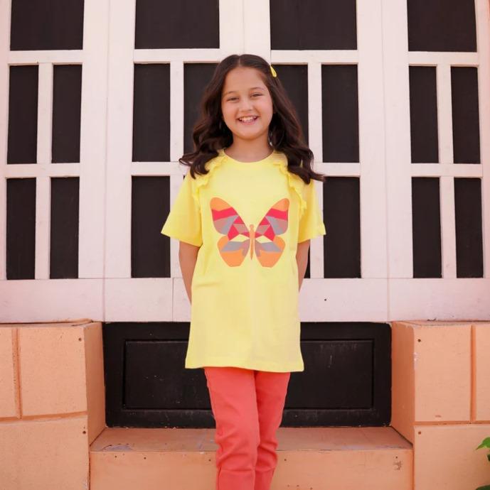 Kids Butterfly T-Shirt Yellow Cotton for Girls