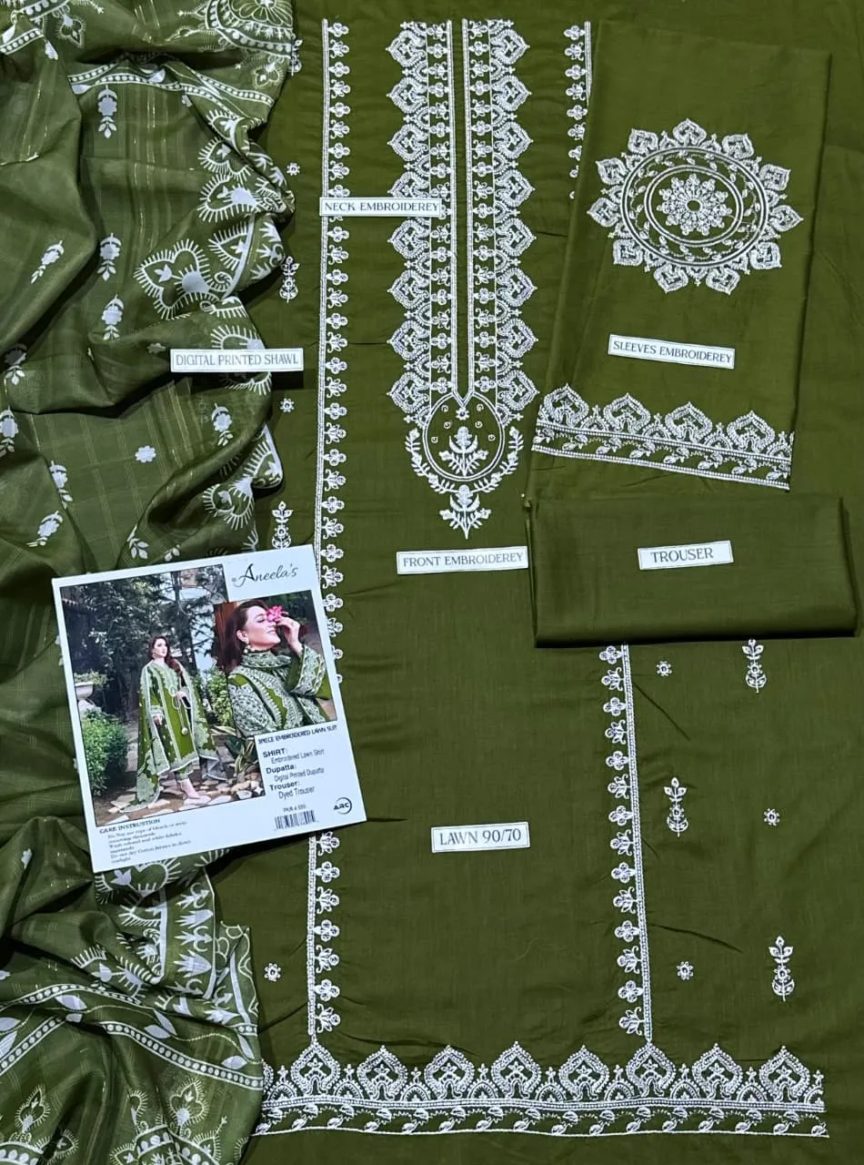 Green Embroidered Lawn 3Pcs Women Suit Set