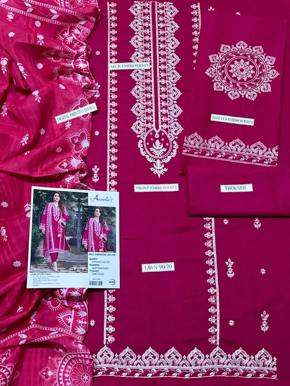 Pink Embroidered Lawn 3Pcs Set for Women