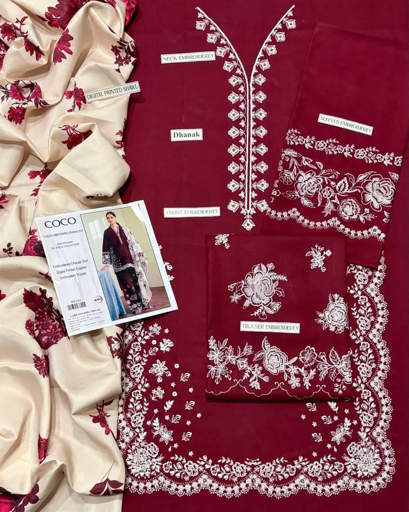 3 Pcs Women's Unstitched Embroidered Suit