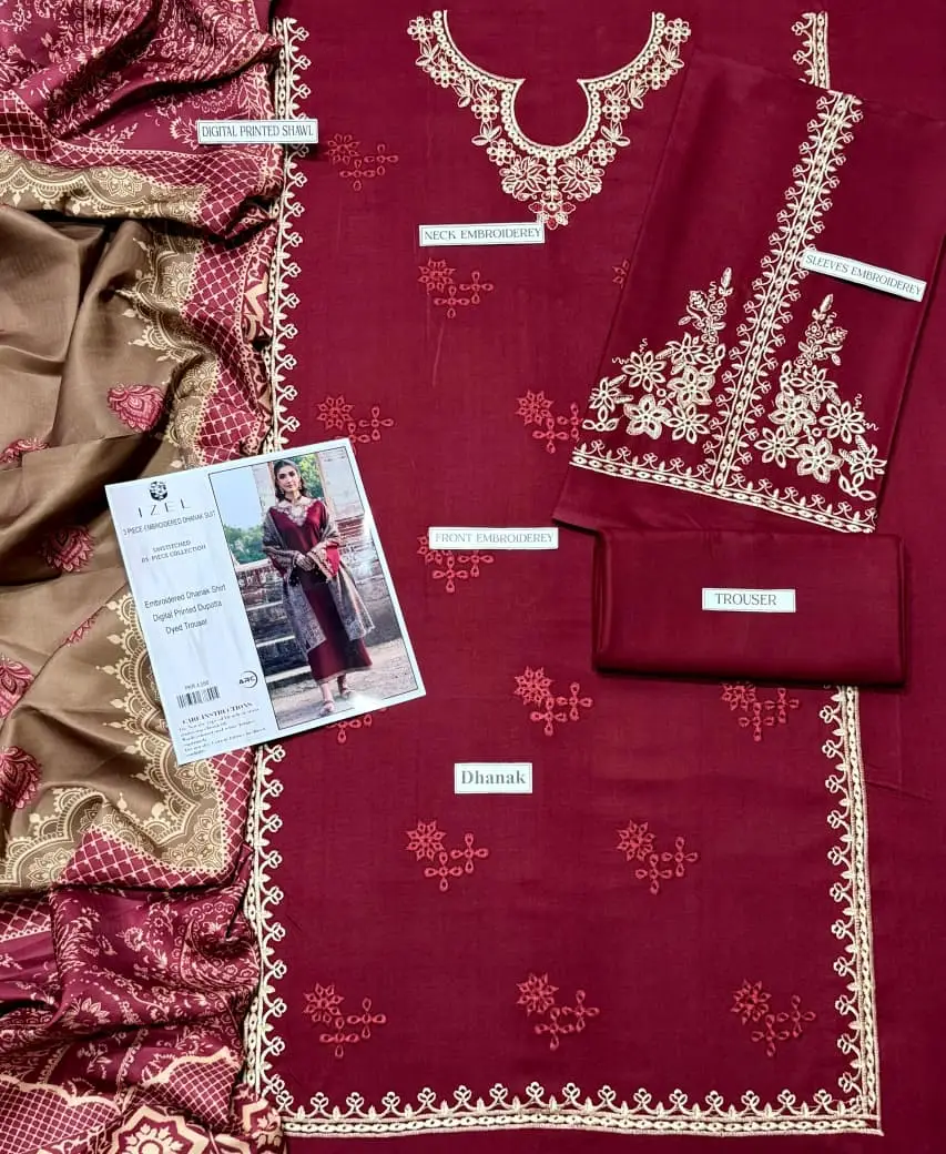 3 Pcs Women's Unstitched Embroidered Suit